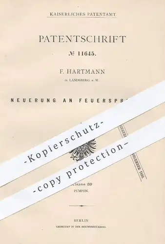 original Patent - F. Hartmann in Landsberg , 1880 , Feuerspritzen | Feuerwehr , Spritze , Wasserspritze , Pumpe , Pumpen