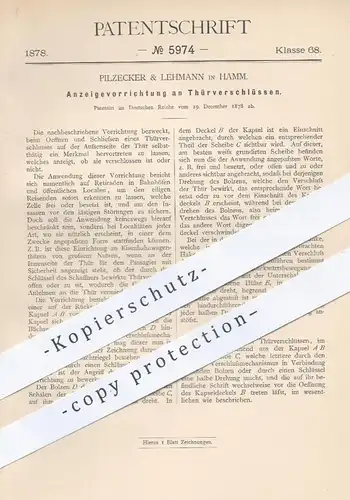 original Patent - Pilzecker & Lehmann in Hamm , 1878 , Anzeige an Türverschlüssen | Türschloss , Tür , Türen , Schlosser