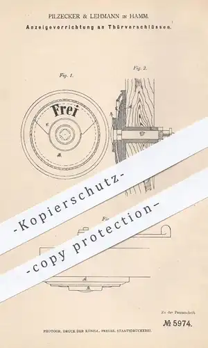 original Patent - Pilzecker & Lehmann in Hamm , 1878 , Anzeige an Türverschlüssen | Türschloss , Tür , Türen , Schlosser
