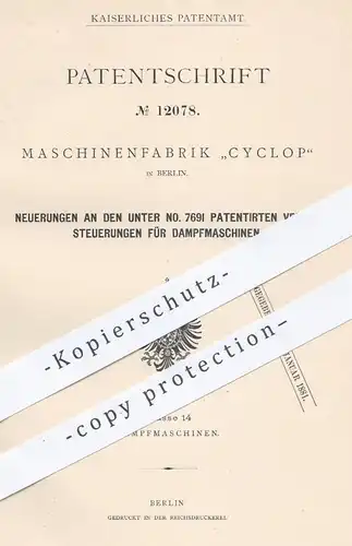 original Patent - Maschinenfabrik Cyclop , Berlin 1880 , Ventilsteuerungen für Dampfmaschinen | Motor , Motoren , Ventil