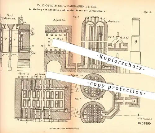 original Patent - Dr. C. Otto & Co. , Dahlhausen / Ruhr , 1884 , Koksofen , Koksöfen | Koks , Kohle , Brennstoff , Ofen