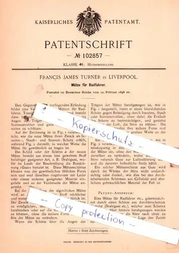 original Patent - Francis James Turner in Liverpool , 1898 , Mütze für Radfahrer !!!
