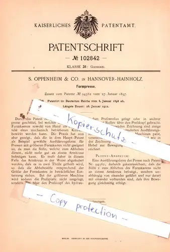 original Patent - S. Oppenheim & Co. in  Hannover-Hainholz , 1898 , Formpresse !!!