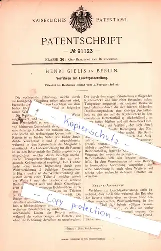 original Patent - Henri Gielis in Berlin , 1896 , Verfahren zur Leuchtgasbereitung !!!
