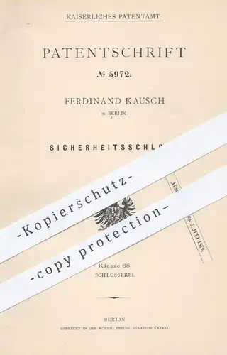 original Patent - Ferdinand Kausch , Berlin , 1878 , Sicherheitsschloss | Schloss , Türschloss , Tür , Türen , Schlosser
