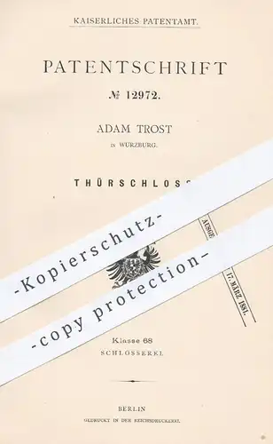 original Patent - Adam Trost , Würzburg , 1880 , Türschloss | Schloss , Tür , Türen , Schlosser , Schlosserei !!!