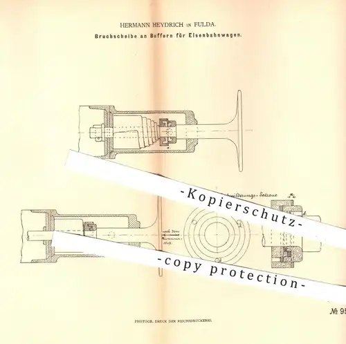 original Patent - Hermann Heydrich in Fulda , 1879 , Bruchscheibe an Buffern für Eisenbahnwagen | Eisenbahnen , Buffer !