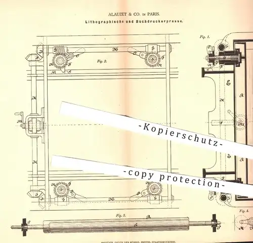 original Patent - Alauzet & Co. , Paris , 1878 , Buchdruckerpresse | Lithographie , Presse , Pressen , Buchdruck , Druck