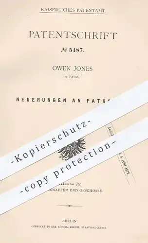 original Patent - Owen Jones in Paris , 1878 , Patronen | Patrone , Waffe , Waffen , Gewehr , Gewehre , Geschosse !!!