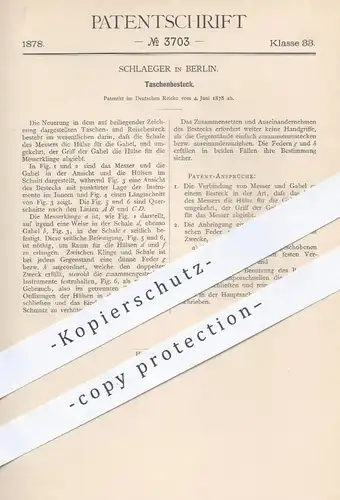 original Patent - Schlaeger , Berlin , 1878 , Taschenbesteck | Besteck , Messer und Gabel , Taschenmesser !!!