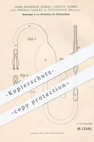 original Patent - James Burbridge , R. Cureton Thorpe , Th. Oakley , Tottenham England 1880 , Klistierspritzen | Spritze