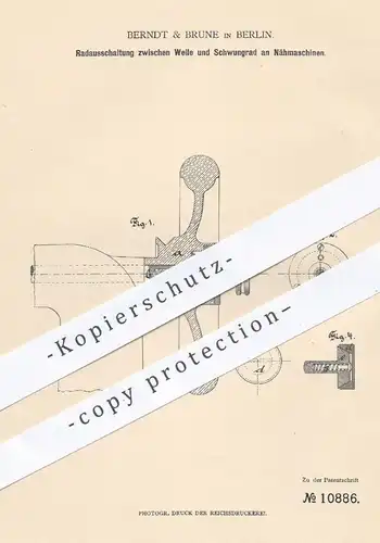 original Patent - Berndt & Brune in Berlin , 1880 , Radausschaltung zwischen Welle u. Schwungrad an Nähmaschinen !!!