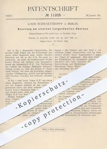 original Patent - Louis Schwartzkopff in Berlin , 1880 , eiserner Langschwellen - Oberbau | Eisenbahnen , Straßenbahn