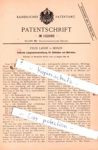 original Patent - Felix Landè in Berlin , 1897 , Federnde Längskantenabstützung für Bettböden und Matratzen !!!