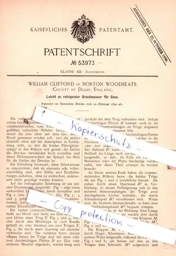 original Patent - W. Clifford in Norton Woodseats , England , 1890 , Leicht zu reinigender Druckmesser für Gase !!!