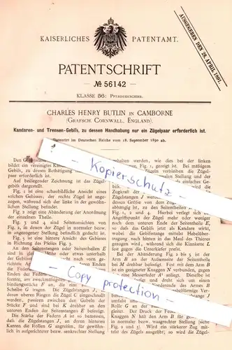 original Patent -  Charles Henry Butlin in Camborne , England , 1890 , Pferdegeschirr !!!