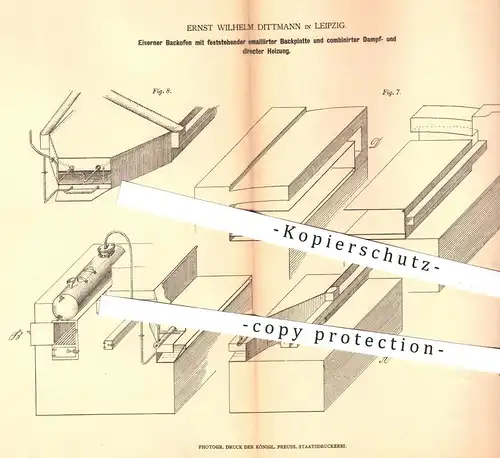 original Patent - Ernst W. Dittmann , Leipzig , 1879 , Eiserner Backofen mit Backplatte aus Emaille | Heizung , Bäcker !