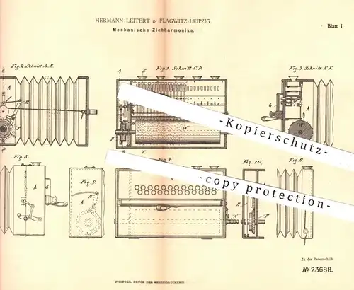 original Patent - Hermann Leitert , Plagwitz Leipzig , 1883 , Mechanische Ziehharmonika | Harmonika , Akkordeon , Musik