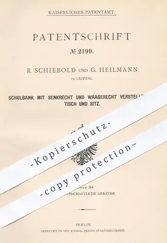 original Patent - R. Schiebold u. G. Heilmann , Leipzig 1878 , Schulbank mit verstellbarem Tisch u. Sitz | Bank , Schule
