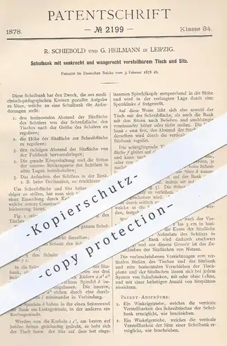 original Patent - R. Schiebold u. G. Heilmann , Leipzig 1878 , Schulbank mit verstellbarem Tisch u. Sitz | Bank , Schule