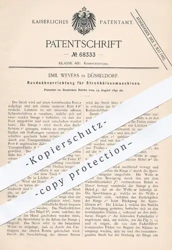 original Patent - Emil Wevers , Düsseldorf , 1892 , Rundnähen an Strohhülsenmaschinen | Korb , Korbwaren , Korbflechten