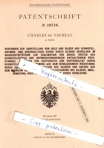 original Patent - Charles de Vaurèal in Paris , 1879 , Verfahren zur Darstellung von Gold und Silber !!!