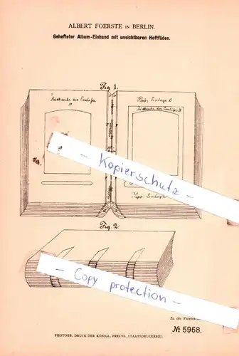 original Patent - Albert Foerste in Berlin , 1878 , Gehefeter Album-Einband mit Heftfäden !!!