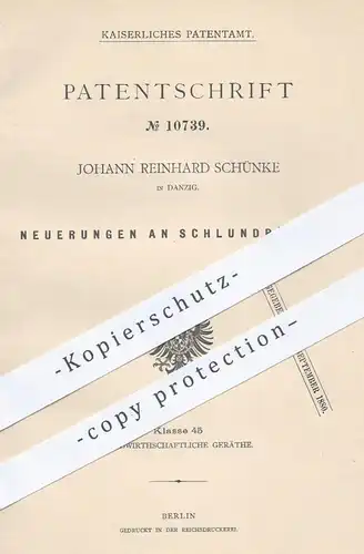 original Patent - Johann Reinhard Schünke , Danzig , 1879 , Schlundröhren | Rohr , Rohre , Röhren , Mundstück , Schlund