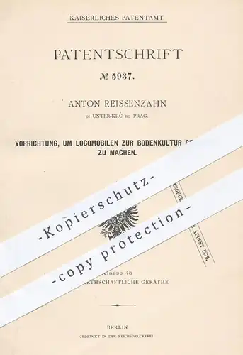 original Patent - Anton Reissenzahn , Unter Krc / Prag , 1878 , Lokomobil mit Dampfkraft für Landwirtschaft | Pflug !!