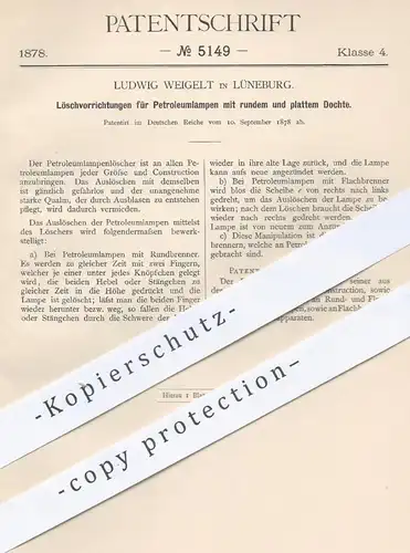 original Patent - Ludwig Weigelt , Lüneburg , 1878 , Löschen von Petroleumlampen | Petroleum , Lampe , Lampen , Brenner