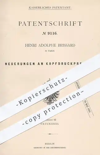 original Patent - Henri Adolphe Brissard , Paris , 1879 , Kopfdruckpressen | Druckpresse , Pressen , Druck , Buchdruck !