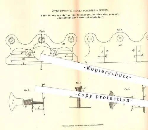 original Patent - O. Zwiest & R. Schubert , Berlin , 1878 , Heften der Rechnungen , Briefe , Papier | Comtoir Buchbinder