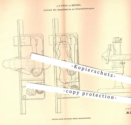 original Patent - J. B. Fondu , Brüssel , 1877 , Schloss für Coupétüren an Eisenbahnen | Eisenbahn , Tür , Türen , Coupé