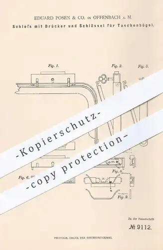original Patent - Ed. Posen & Co. , Offenbach / Main , 1879 , Schloss mit Drücker u. Schlüssel für Taschenbügel | Tasche