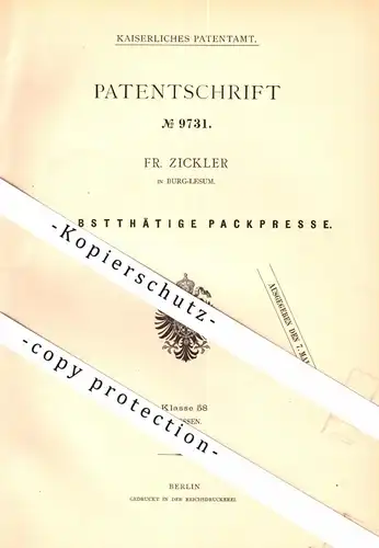 original Patent - Fr. Zickler in Burglesum b. Bremen , 1879 , Packpresse , Presse , Burg-Lesum !!!