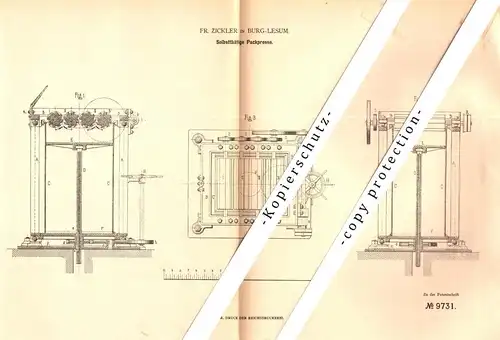 original Patent - Fr. Zickler in Burglesum b. Bremen , 1879 , Packpresse , Presse , Burg-Lesum !!!