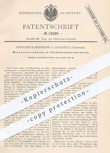 original Patent - Könitzer & Reissmann , Saalfeld , 1881 , Messervorrichtung an Schamottkapselpressen | Schamott , Stein