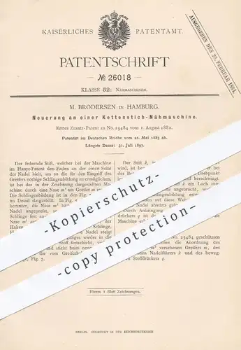 original Patent - M. Brodersen in Hamburg , 1883 , Kettenstich - Nähmaschine | Nähmaschinen , Nähen , Schneider !!!