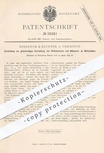 original Patent - Bössneck & Richter in Chemnitz , 1883 , Verstellung von Rösschenbahn und Mühleisen am Wirkstuhl !!!