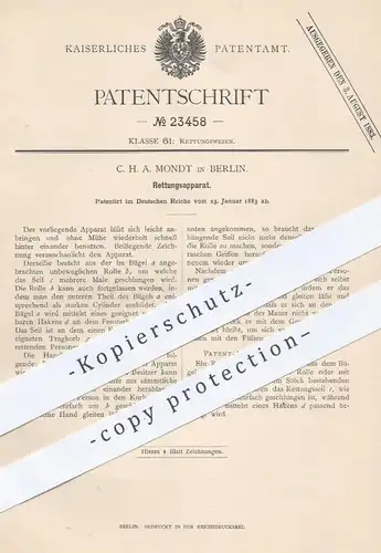 original Patent - C. H. A. Mondt , Berlin , 1883 , Rettungsapparat | Apparat zur Rettung , Feuerwehr , Rettungswesen !!