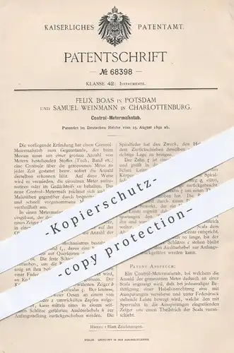 original Patent - F. Boas , Potsdam / Samuel Weinmann , Berlin Charlottenburg , 1892 , Kontroll - Metermaßstab , Maßstab