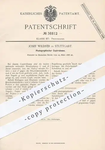 original Patent - Josef Wildner , Stuttgart  1886 , Photographischer Kopierrahmen | Photographie , Fotografie , Fotograf