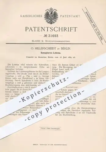 original Patent - O. Hillerscheidt , Berlin , 1884 , Semaphoren Laterne | Laternen , Semaphor , Licht , Lampen , Gas !!!