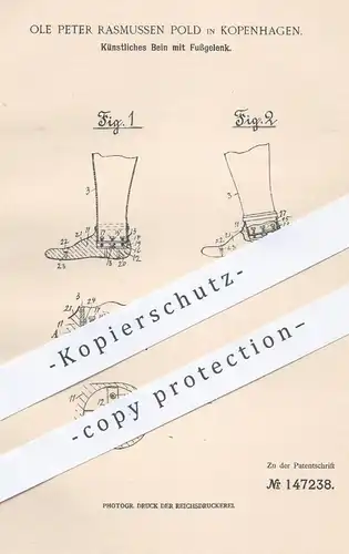 original Patent - Ole Peter Rasmussen Pold , Kopenhagen , 1902 , Künstliches Bein mit Fußgelenk | Prothese , Medizin !!!