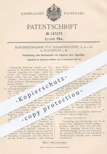 original Patent - Maschinenfabrik für Tabakindustrie GmbH , Frankfurt  Main , 1902 , Schneiden von Zigarren , Zigarillos