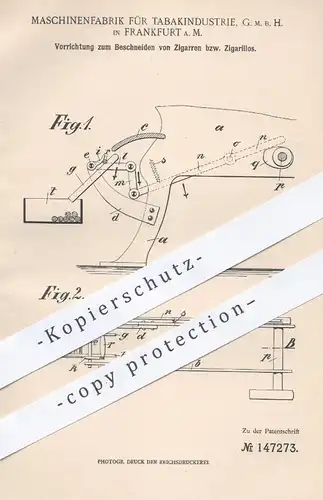 original Patent - Maschinenfabrik für Tabakindustrie GmbH , Frankfurt  Main , 1902 , Schneiden von Zigarren , Zigarillos