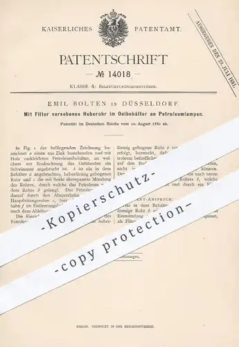original Patent - Emil Bolten in Düsseldorf , 1880 , Mit Filter versehenes Heberohr im Ölbehälter an Petroleumlampen !!