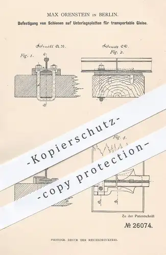 original Patent - Max Orenstein , Berlin , 1883 , Befestigung von Schienen für transportable Gleise | Eisenbahn !!!
