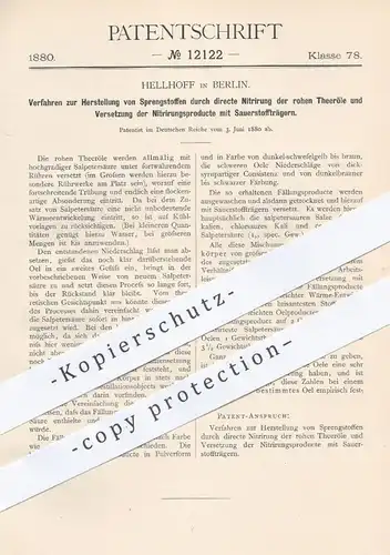 original Patent - Hellhoff , Berlin 1880 , Herstellung von Sprengstoff durch Nitrierung der rohen Teeröle | Sprengstoffe