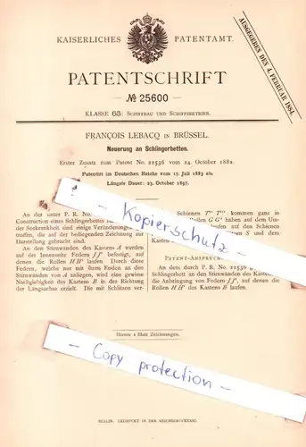 original Patent - Francois Lebaco in Brüssel , 1883 , Neuerung an Schlingerbetten !!!